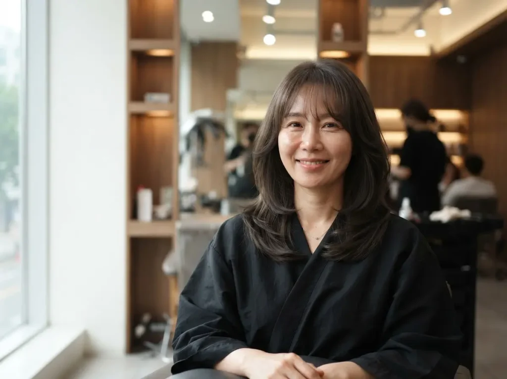 차분한 분위기의 브라운 톤다운 염색